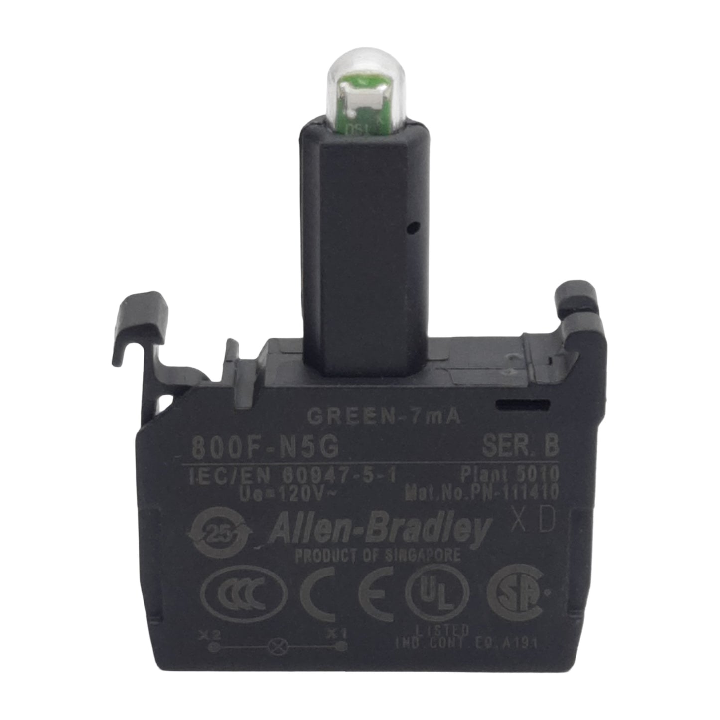 Used Allen Bradley 800F-N5G Pushbutton LED Module Green 7mA 120VAC, 22mm, Latch Mount