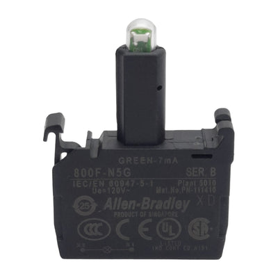 Used Allen Bradley 800F-N5G Pushbutton LED Module Green 7mA 120VAC, 22mm, Latch Mount