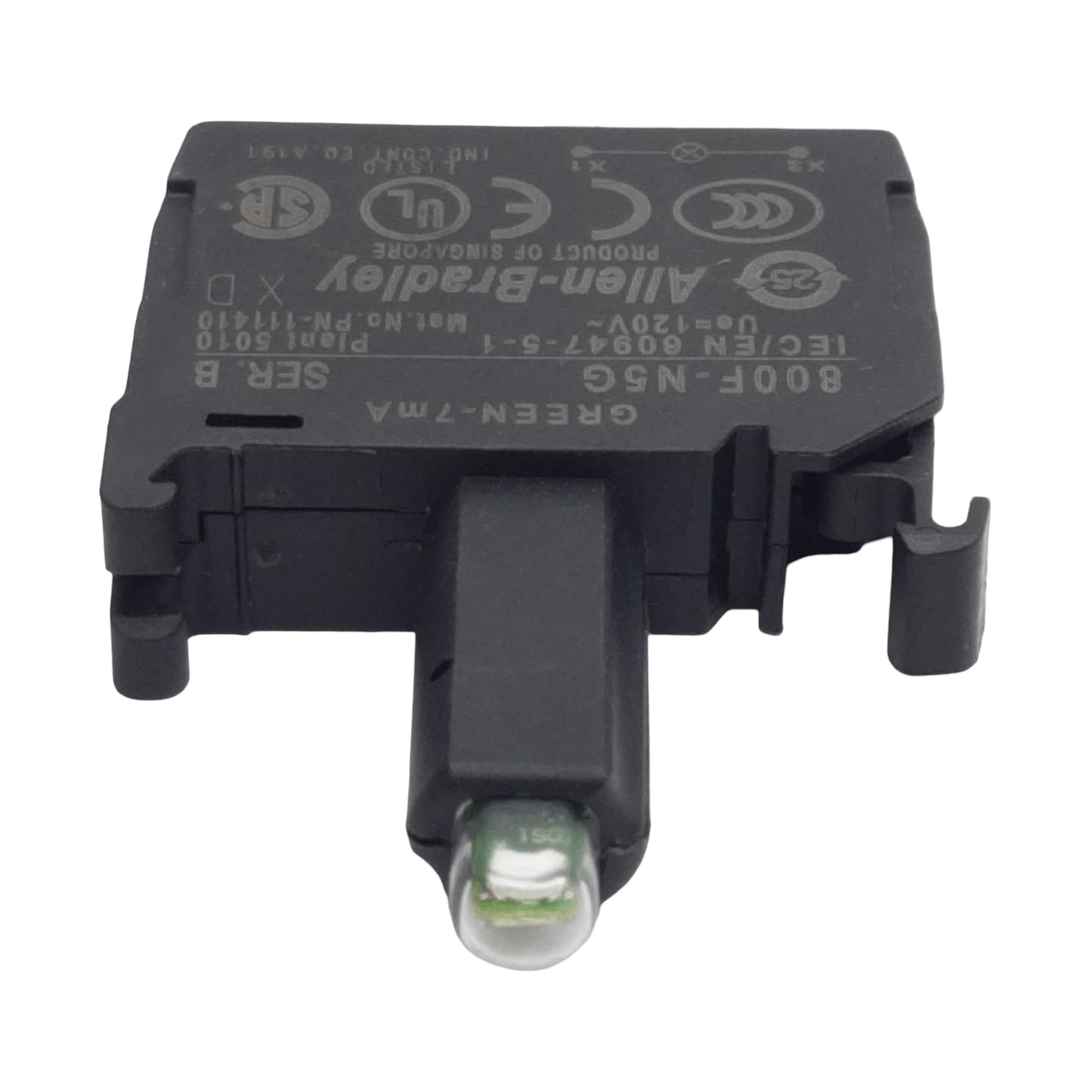 Used Allen Bradley 800F-N5G Pushbutton LED Module Green 7mA 120VAC, 22mm, Latch Mount