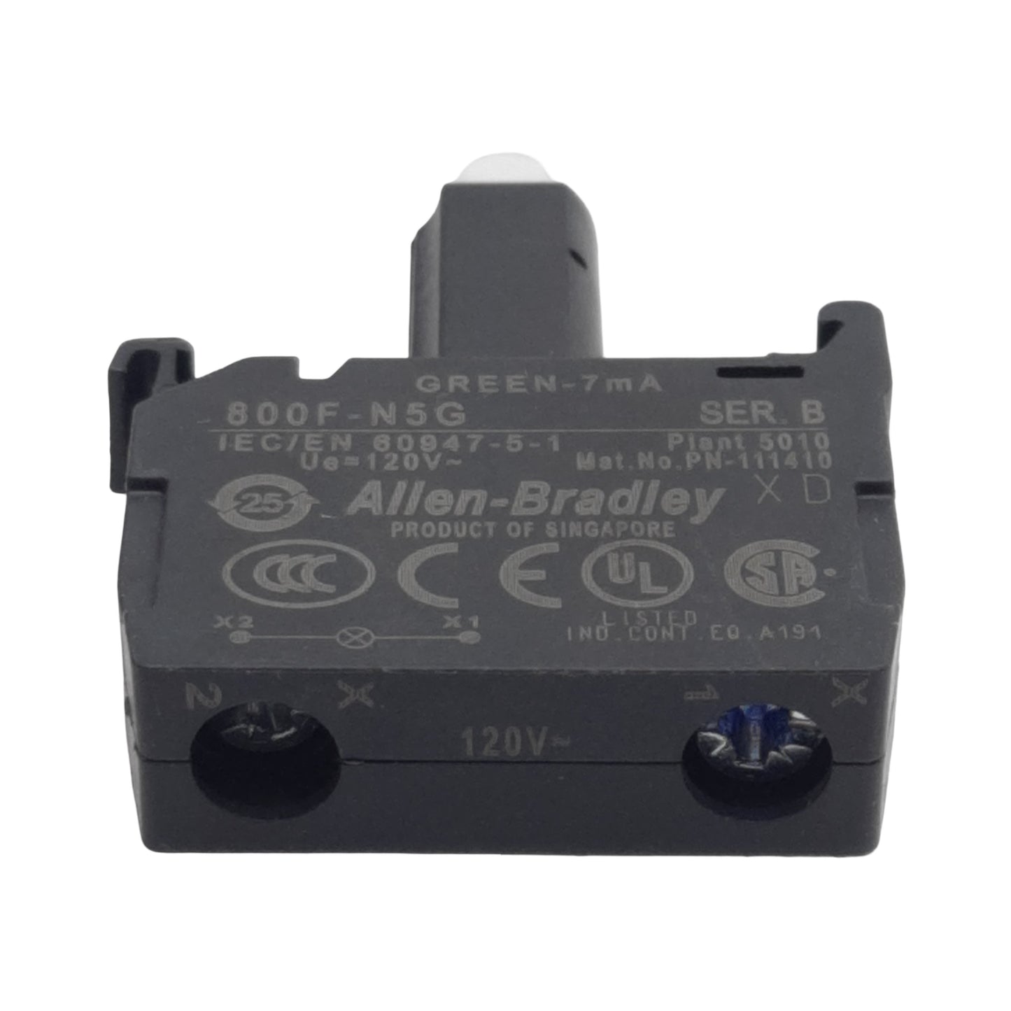 Used Allen Bradley 800F-N5G Pushbutton LED Module Green 7mA 120VAC, 22mm, Latch Mount