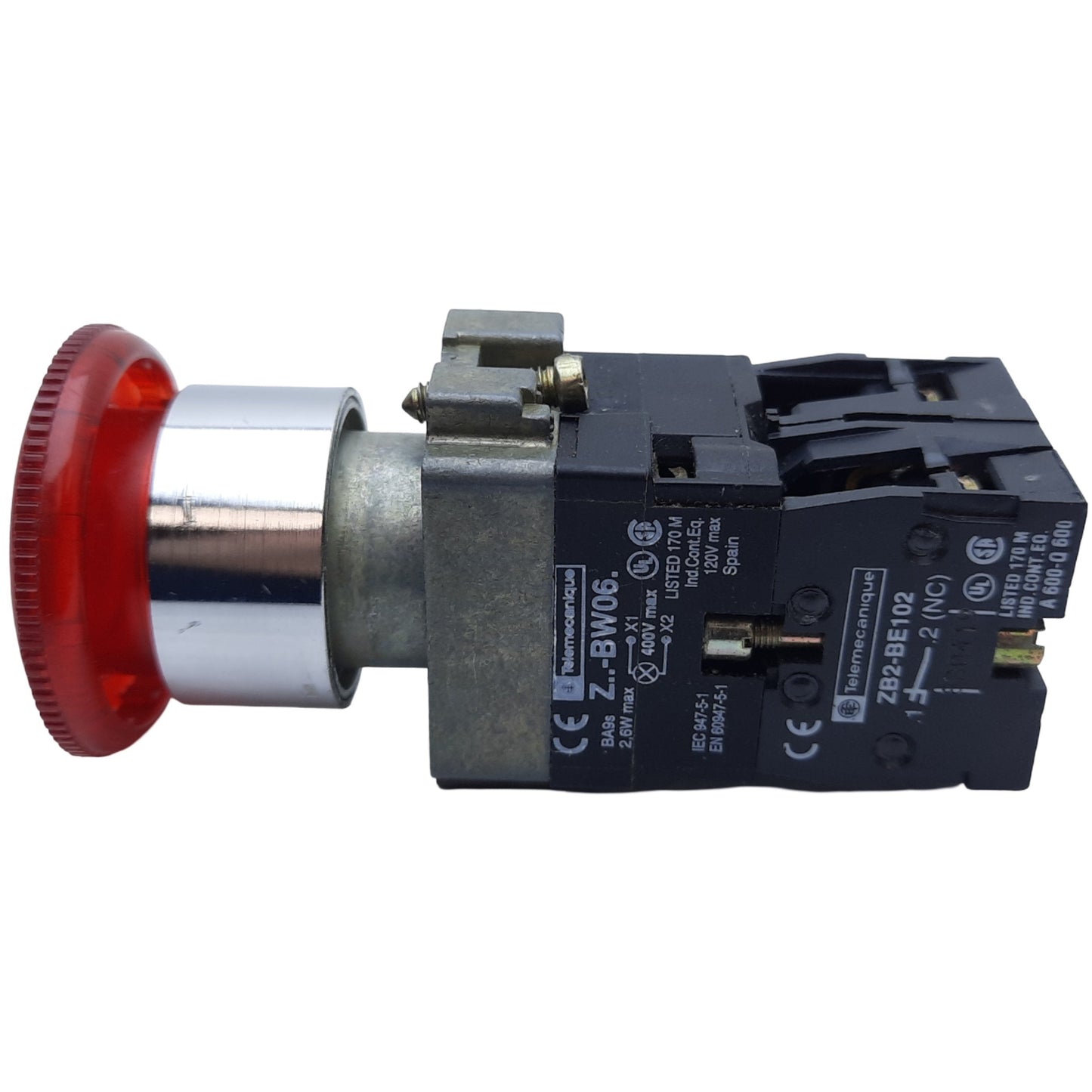 Used Schneider Electric ZB4BW643 Illuminated E-Stop Push-Pull Button 2-NC 22mm 600VAC