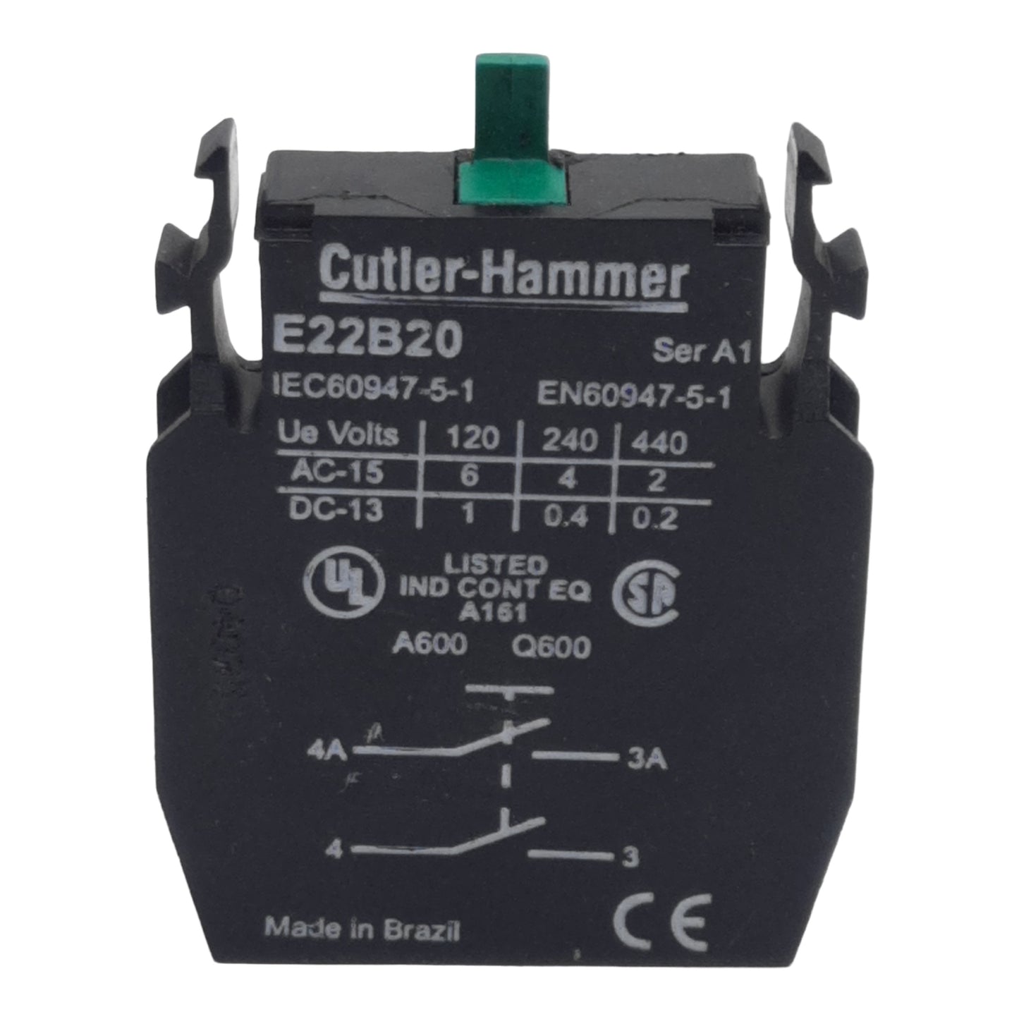Used Cutler-Hammer Eaton E22B20 Pushbutton Contact Block, 2N.O., 10A 600VAC, 22.5mm