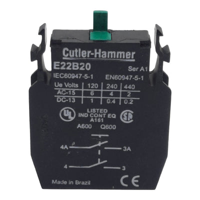 Used Cutler-Hammer Eaton E22B20 Pushbutton Contact Block, 2N.O., 10A 600VAC, 22.5mm