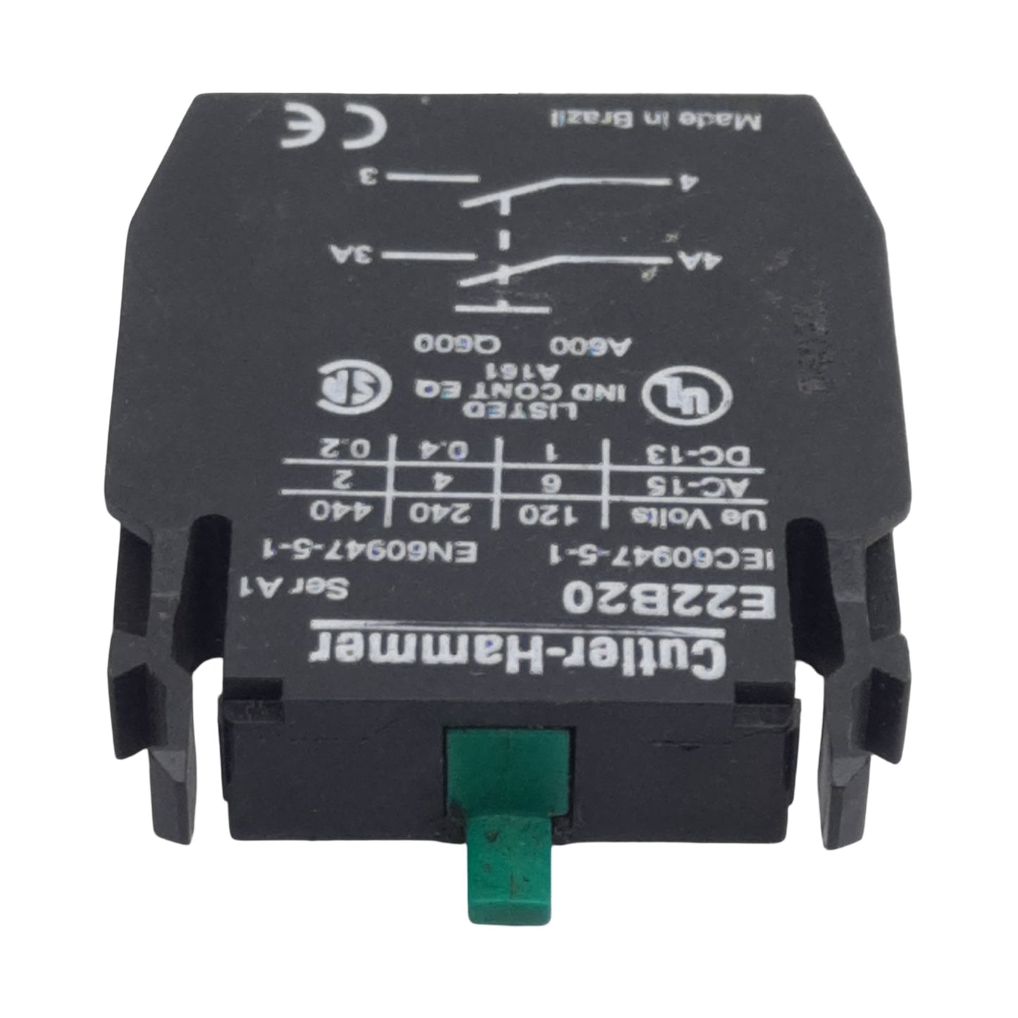 Used Cutler-Hammer Eaton E22B20 Pushbutton Contact Block, 2N.O., 10A 600VAC, 22.5mm