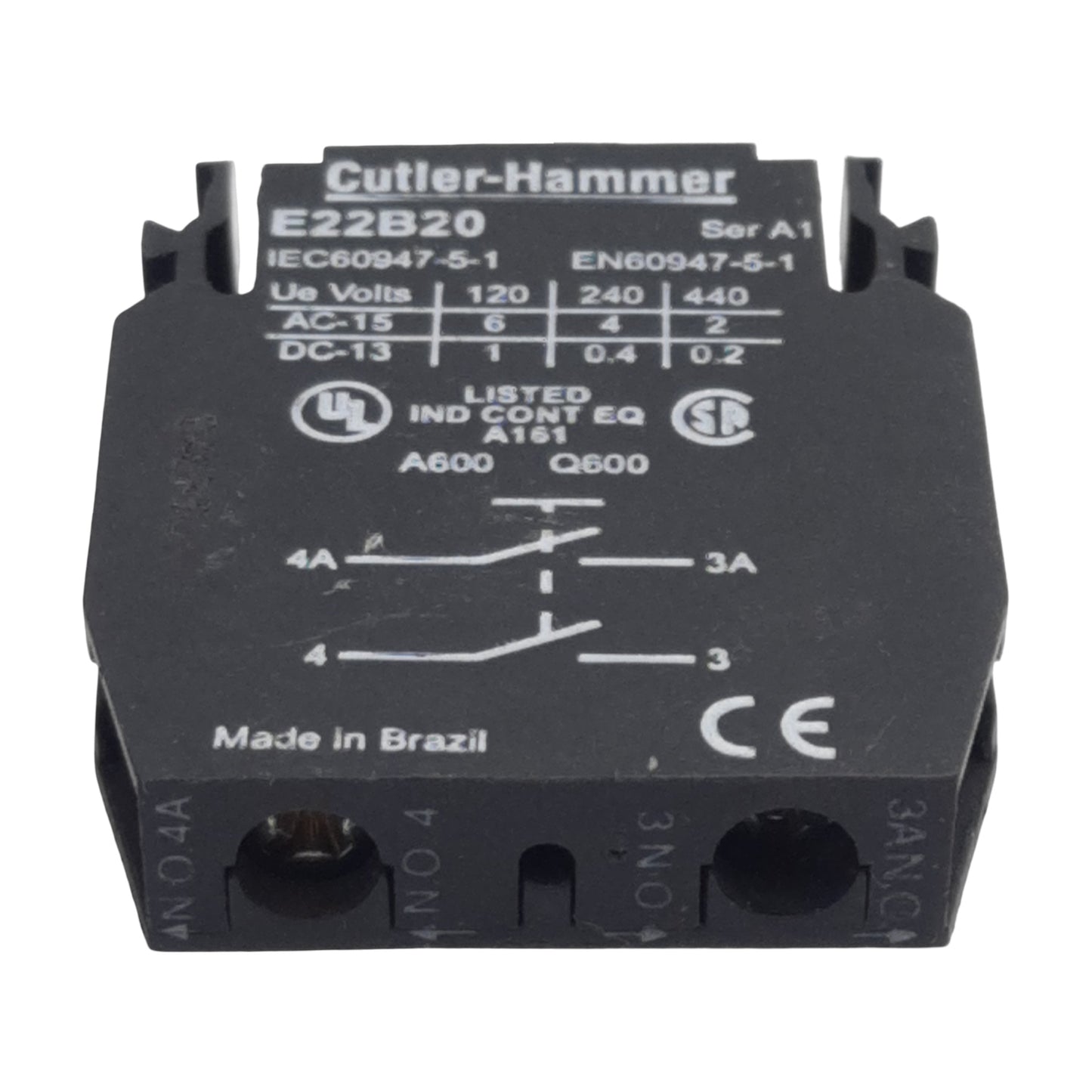 Used Cutler-Hammer Eaton E22B20 Pushbutton Contact Block, 2N.O., 10A 600VAC, 22.5mm