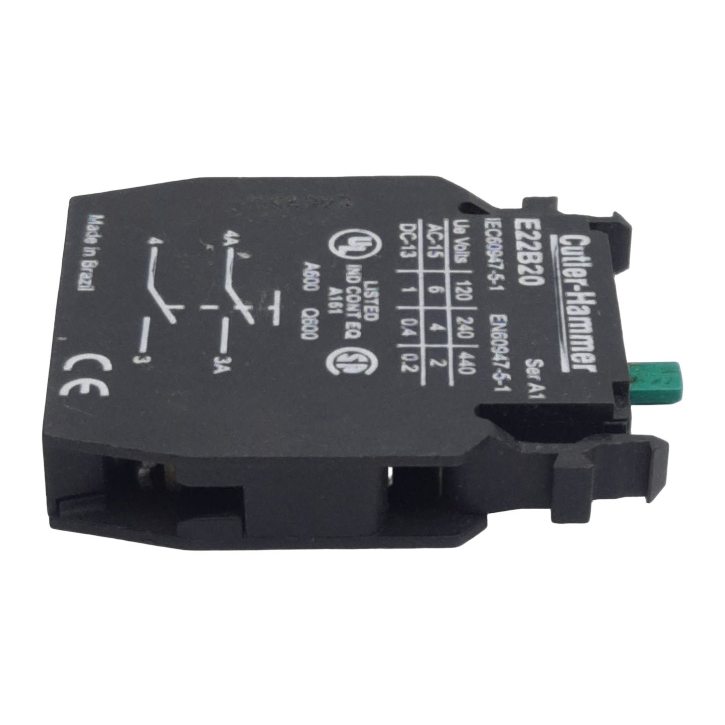 Used Cutler-Hammer Eaton E22B20 Pushbutton Contact Block, 2N.O., 10A 600VAC, 22.5mm