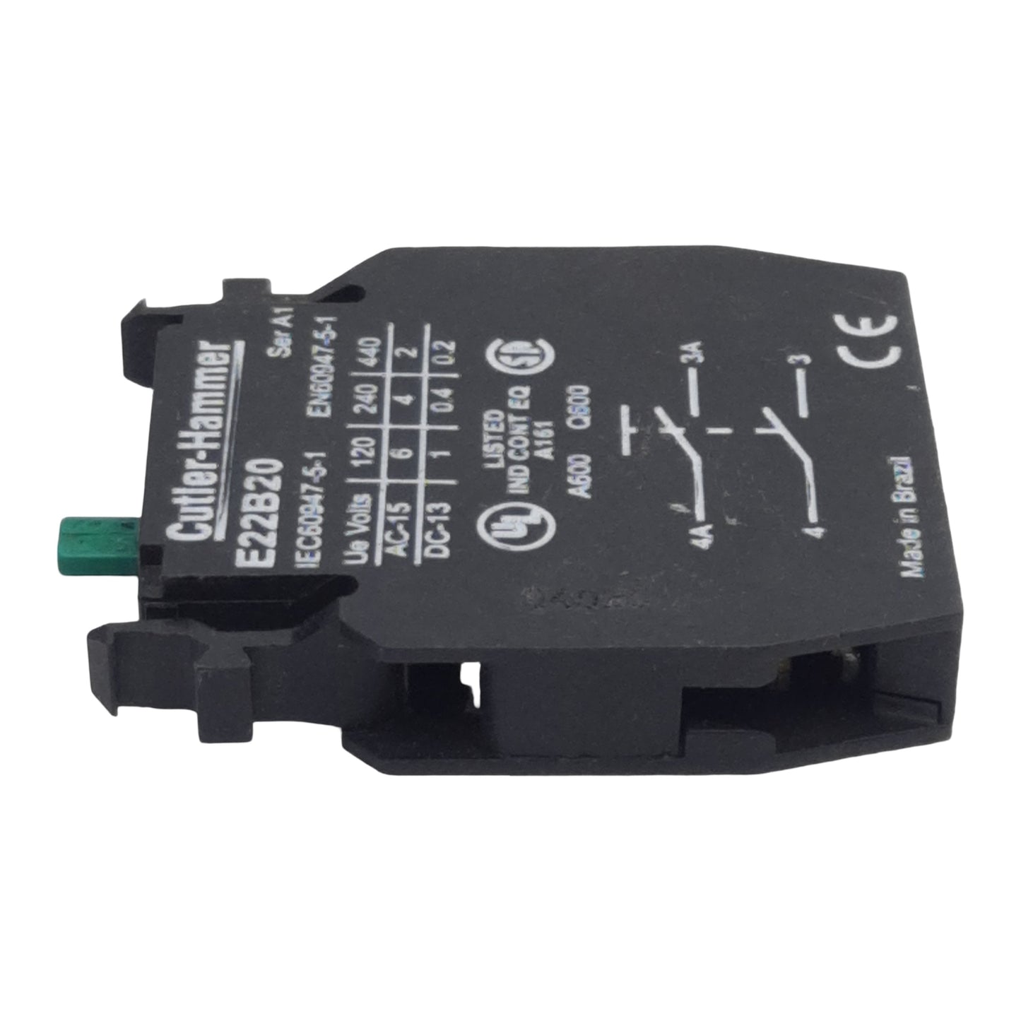 Used Cutler-Hammer Eaton E22B20 Pushbutton Contact Block, 2N.O., 10A 600VAC, 22.5mm