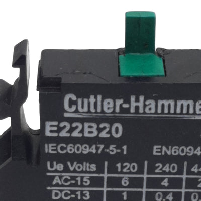 Used Cutler-Hammer Eaton E22B20 Pushbutton Contact Block, 2N.O., 10A 600VAC, 22.5mm