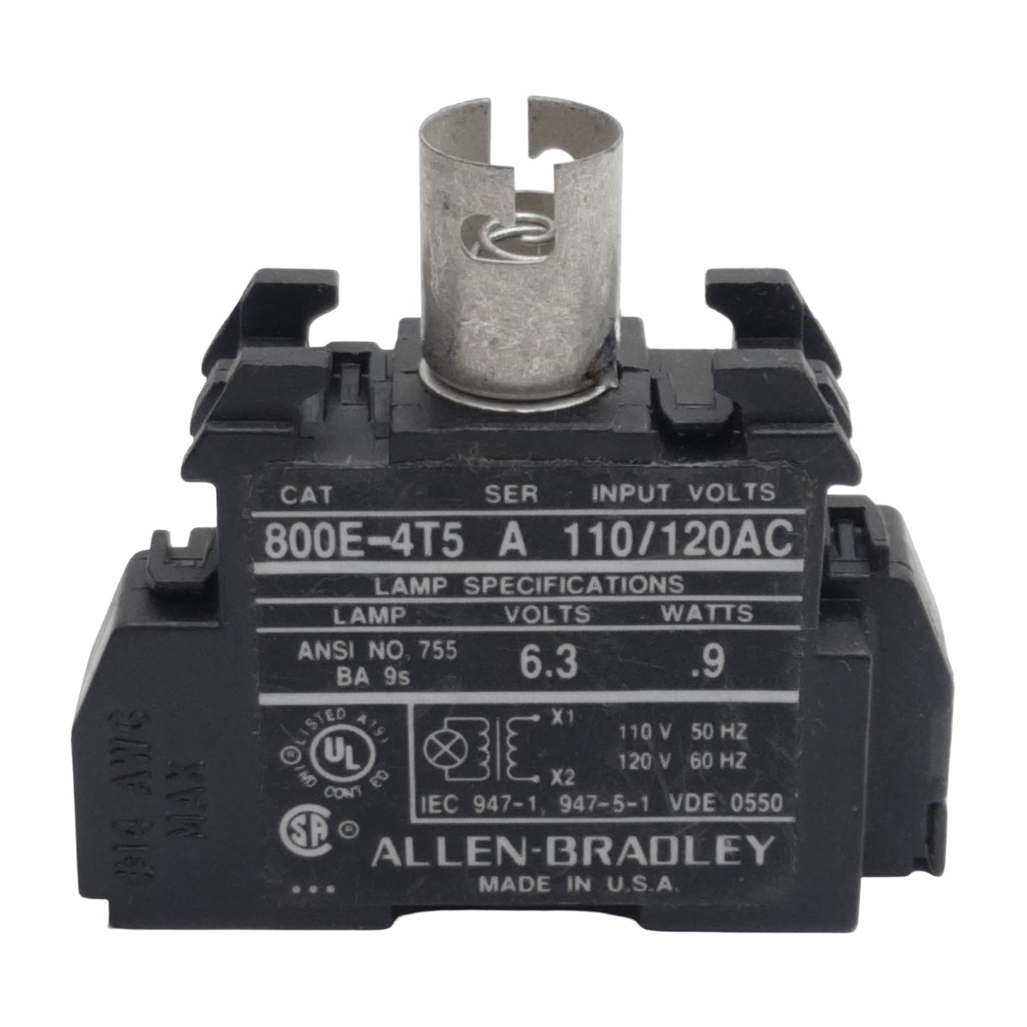 Used Allen Bradley 800E-4T5 Pushbutton Lamp Module, 110/120VAC In, 6.3V 0.9W Lamp