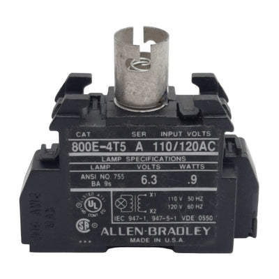 Used Allen Bradley 800E-4T5 Pushbutton Lamp Module, 110/120VAC In, 6.3V 0.9W Lamp