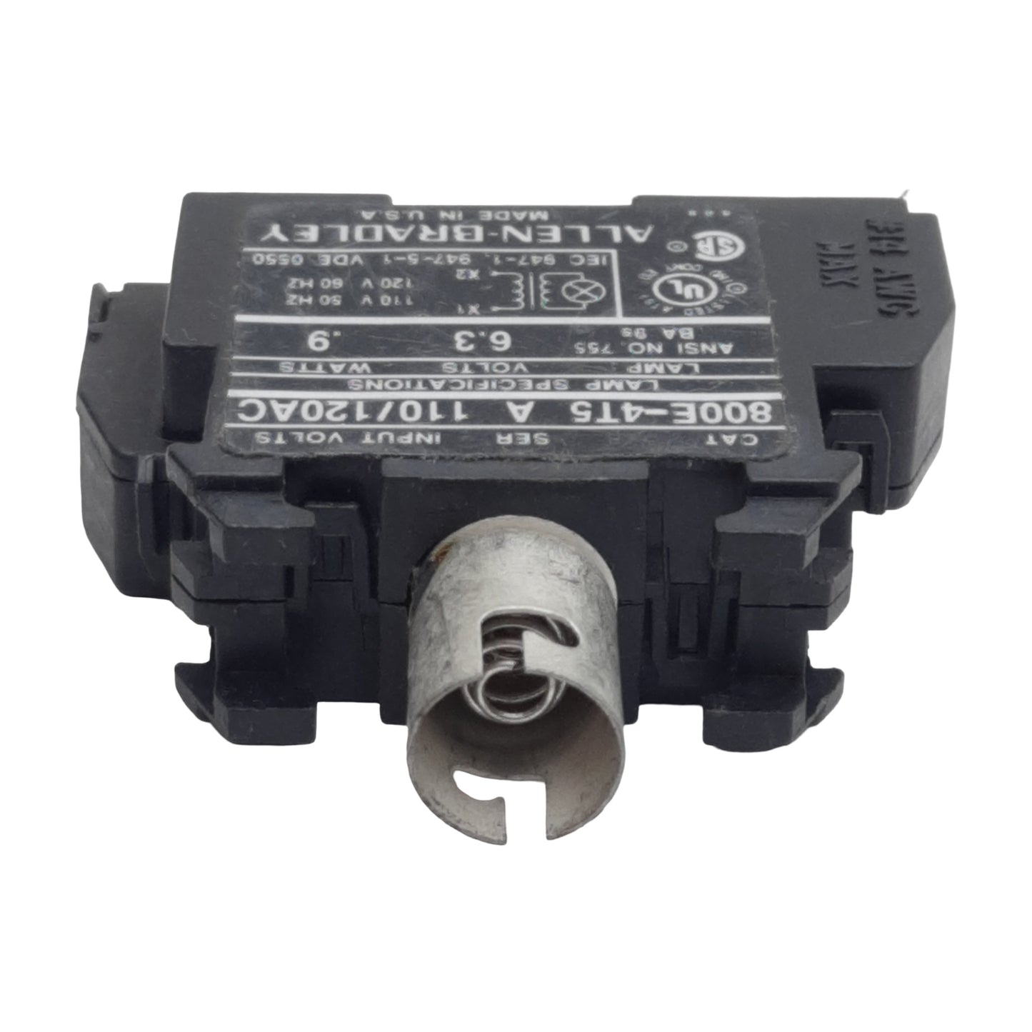 Used Allen Bradley 800E-4T5 Pushbutton Lamp Module, 110/120VAC In, 6.3V 0.9W Lamp