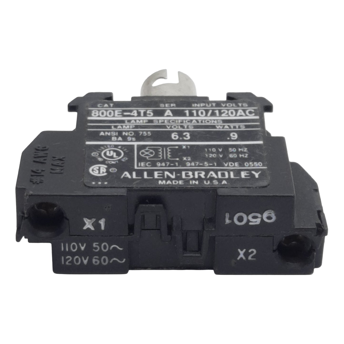 Used Allen Bradley 800E-4T5 Pushbutton Lamp Module, 110/120VAC In, 6.3V 0.9W Lamp