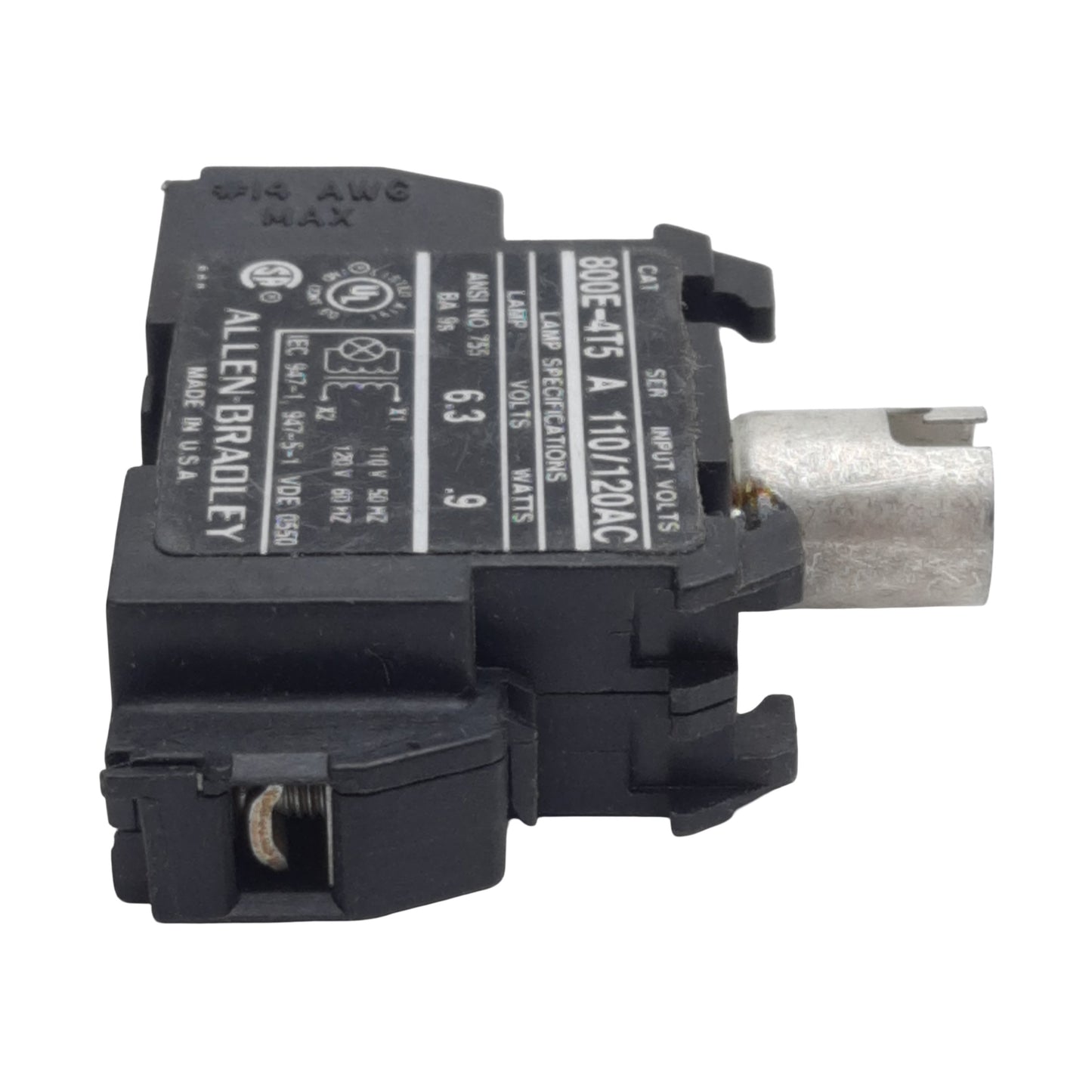 Used Allen Bradley 800E-4T5 Pushbutton Lamp Module, 110/120VAC In, 6.3V 0.9W Lamp