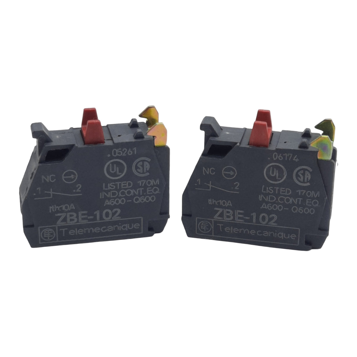 Used Lot of 2 Telemecanique ZBE-102 Pushbutton Contact Block, 1NC, 10A 600VAC, 22mm