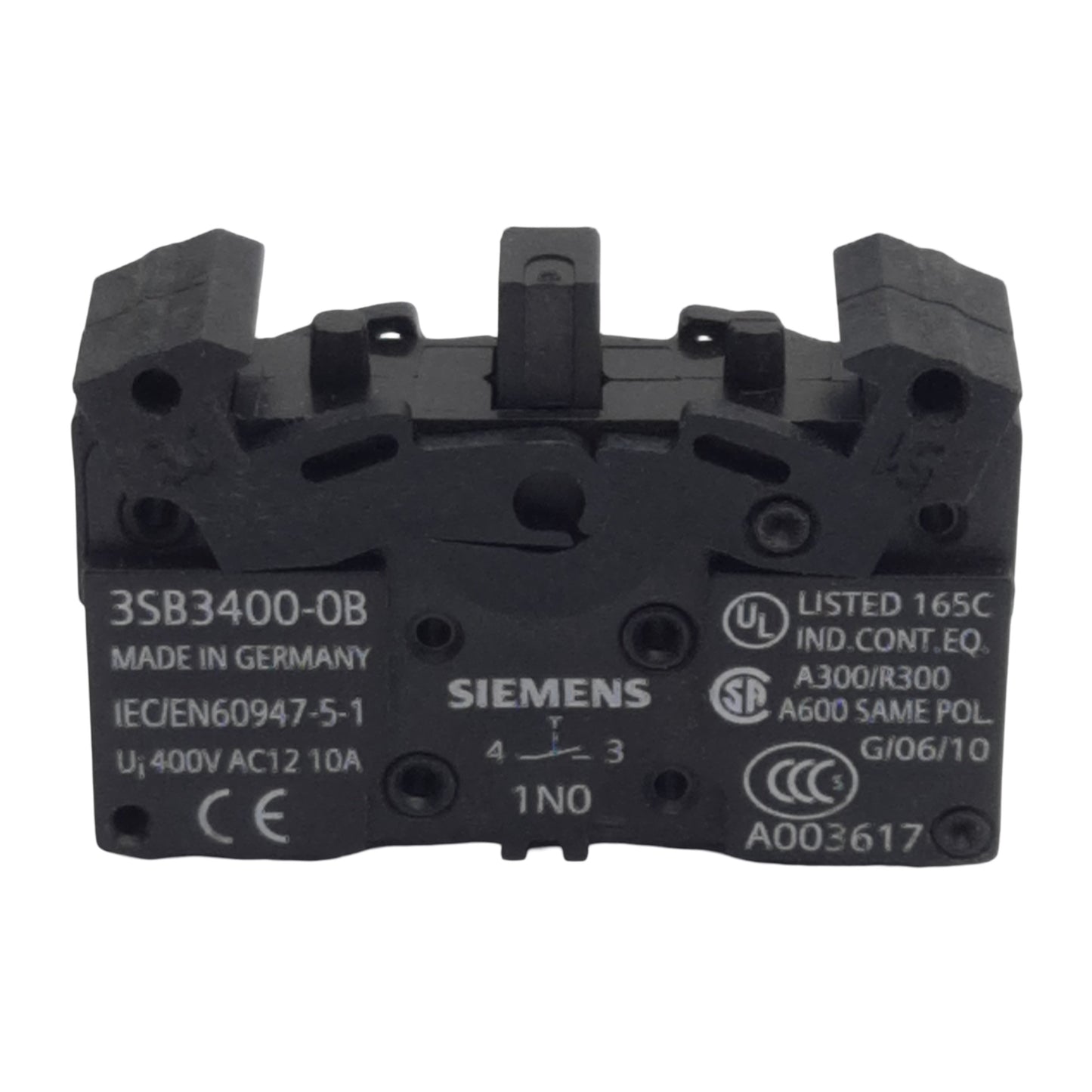 Used Siemens 3SB3400-0B Pushbutton Contact Block, 1N.O., 10A 300/400VAC, 22mm