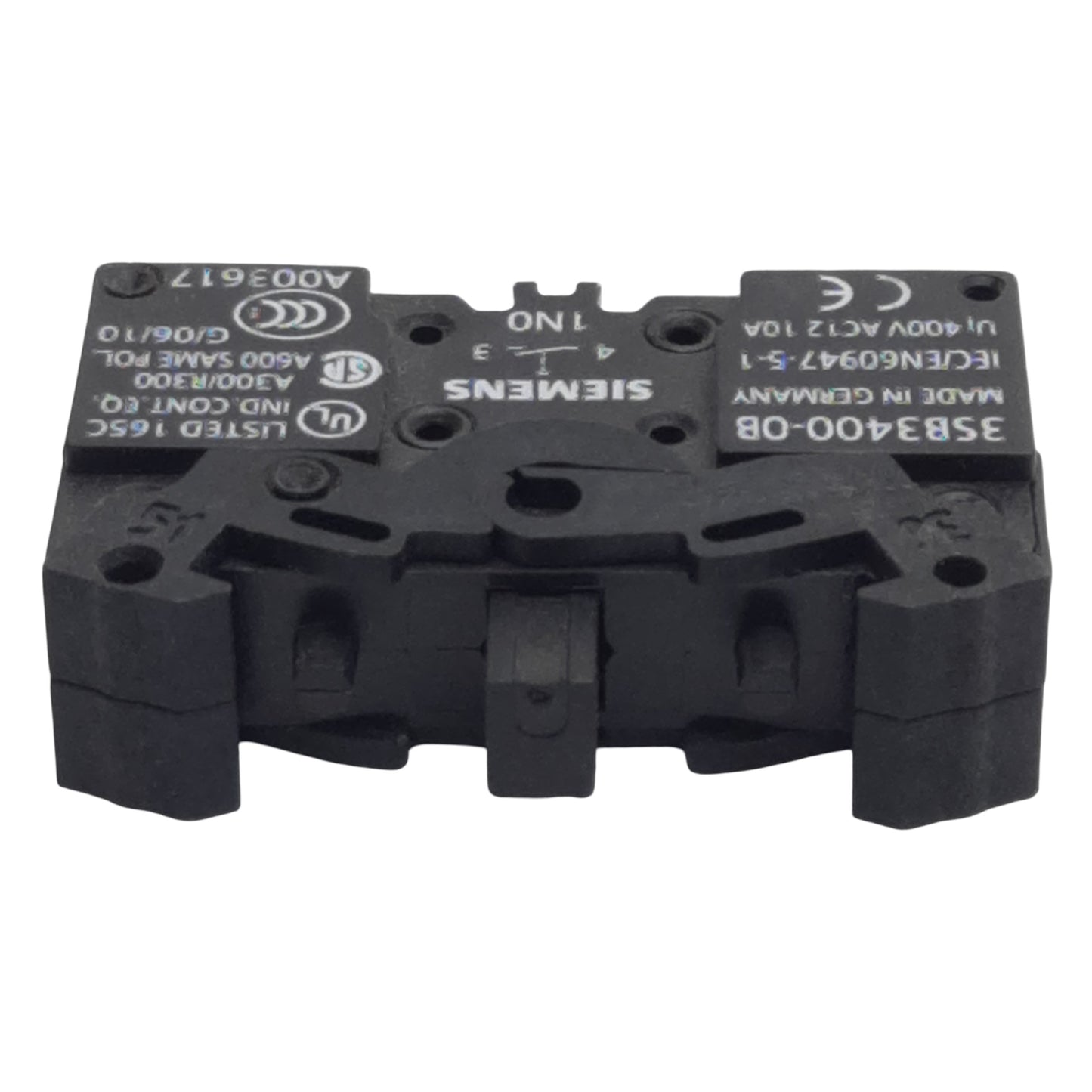 Used Siemens 3SB3400-0B Pushbutton Contact Block, 1N.O., 10A 300/400VAC, 22mm