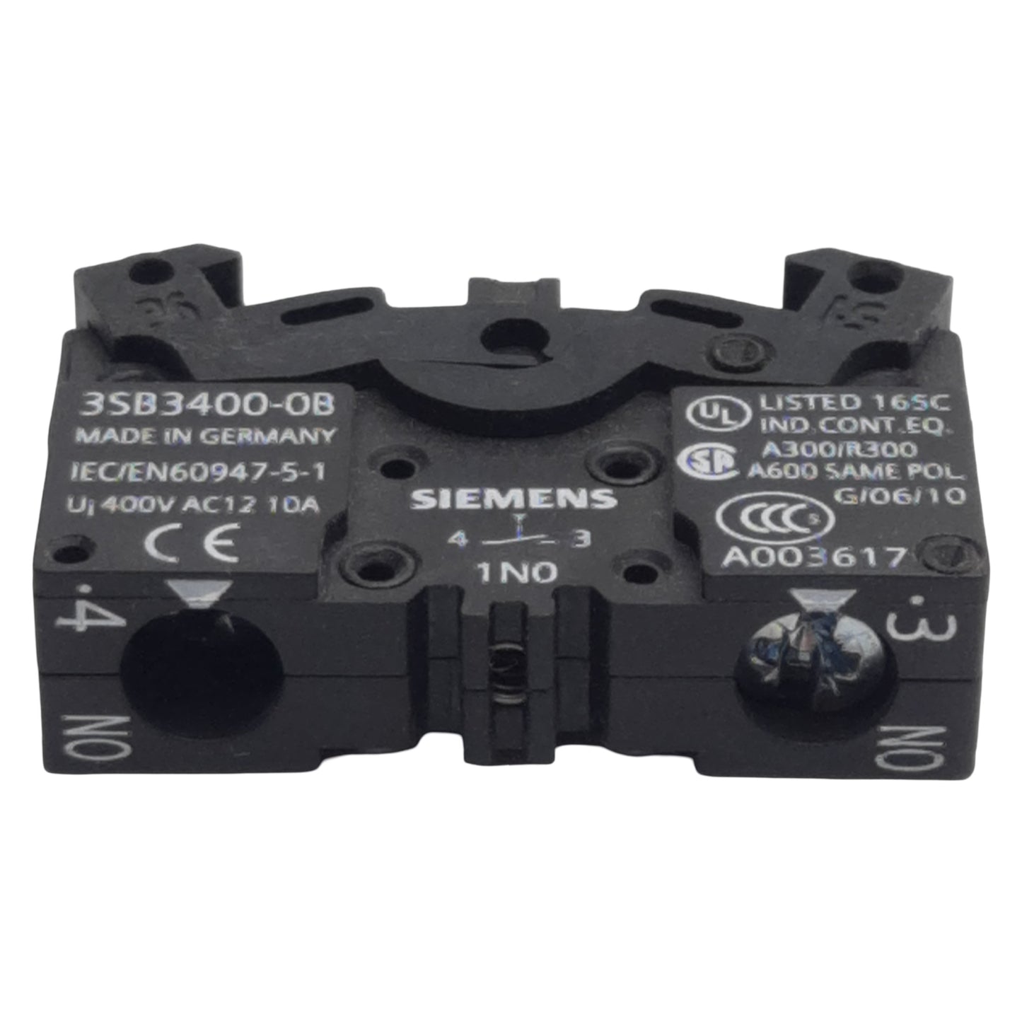 Used Siemens 3SB3400-0B Pushbutton Contact Block, 1N.O., 10A 300/400VAC, 22mm
