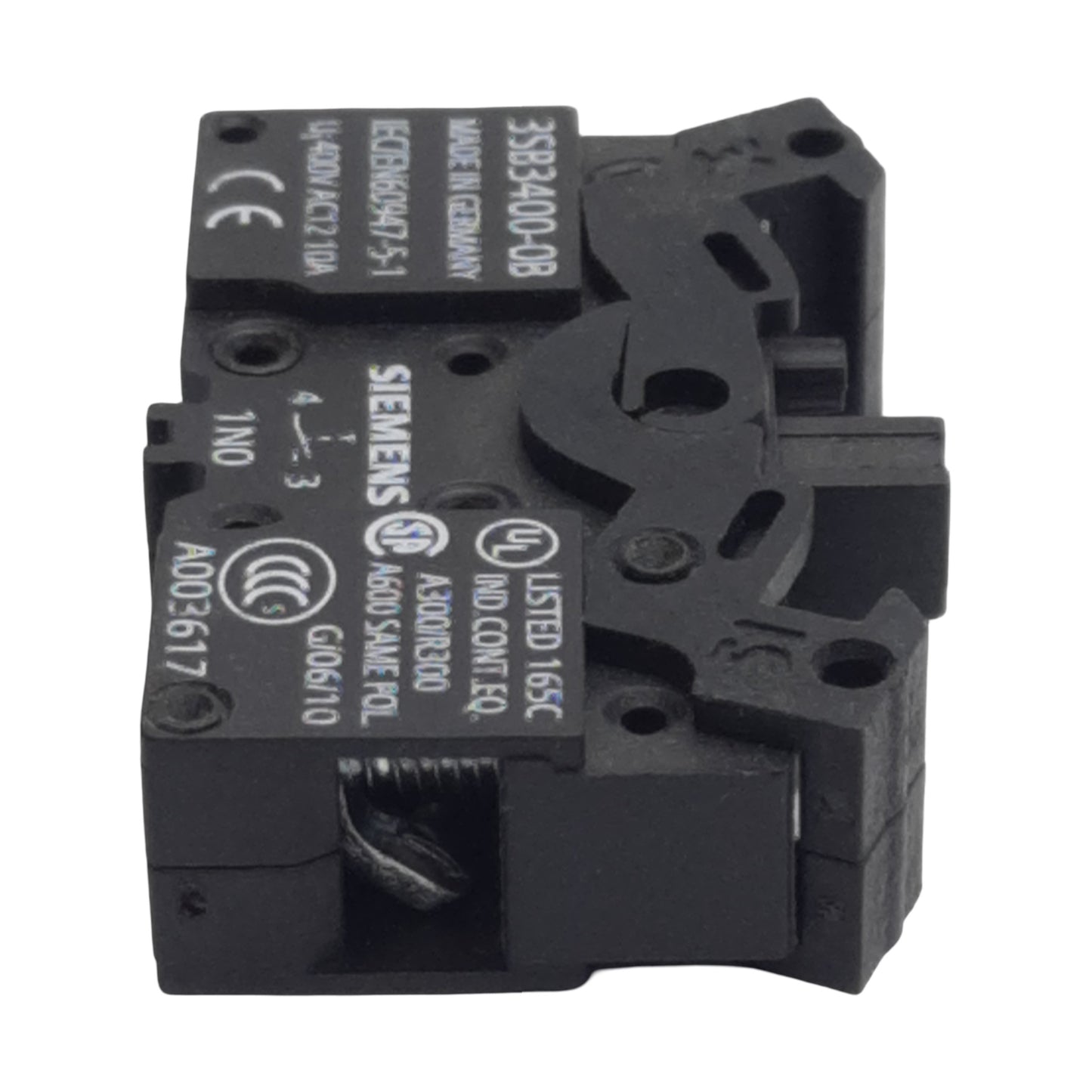 Used Siemens 3SB3400-0B Pushbutton Contact Block, 1N.O., 10A 300/400VAC, 22mm