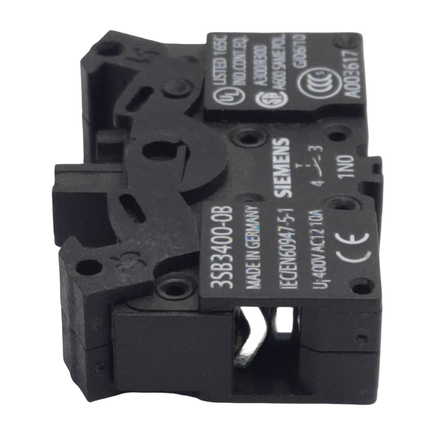 Used Siemens 3SB3400-0B Pushbutton Contact Block, 1N.O., 10A 300/400VAC, 22mm