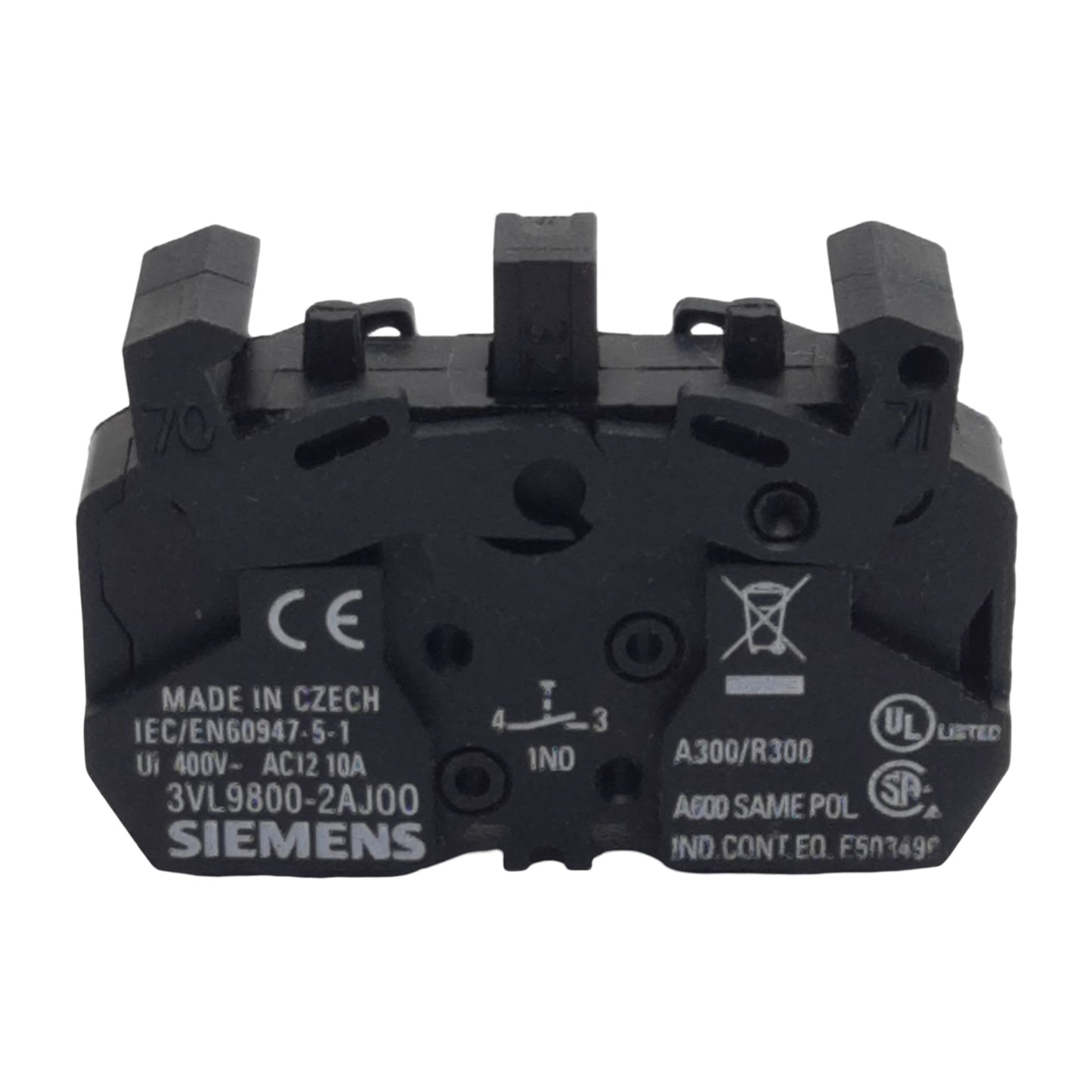 Used Siemens 3VL9800-2AJ00 Pushbutton Contact Block, 1N.O., 10A 300/400VAC, 22mm