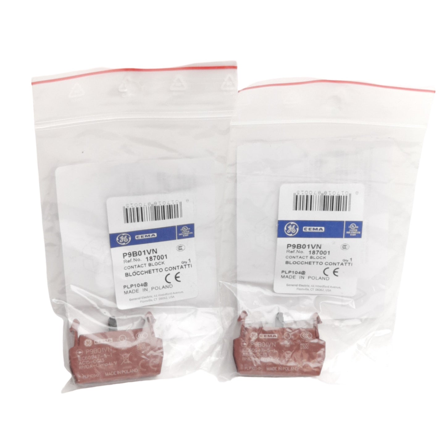 New Lot of 2 General Electric P9B01VN Auxiliary Contact Block 1NC, 10A, 22.5mm