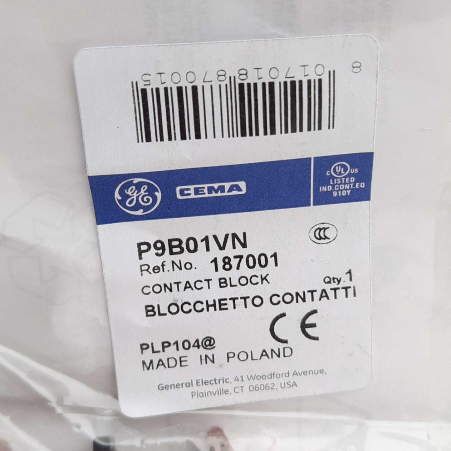 New Lot of 2 General Electric P9B01VN Auxiliary Contact Block 1NC, 10A, 22.5mm