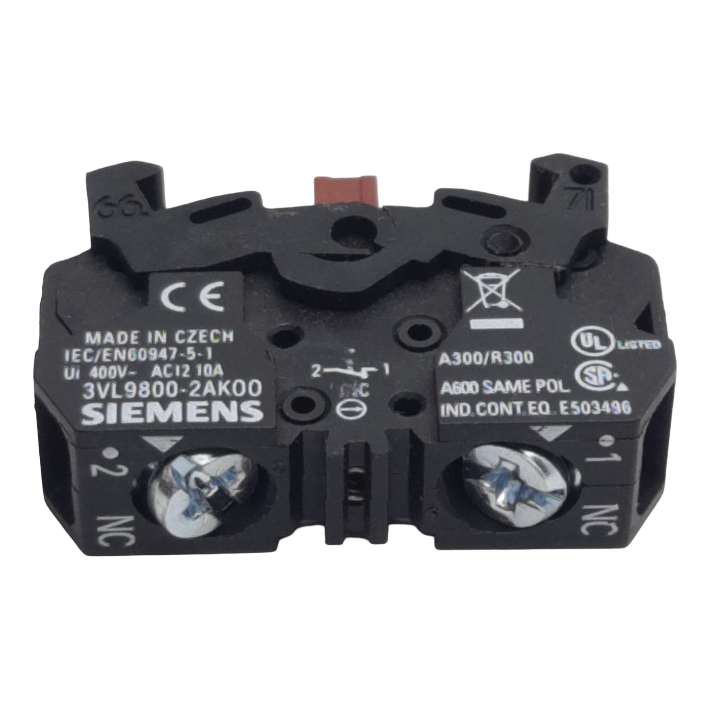 Used Siemens 3VL9800-2AK00 Pushbutton Contact Block, 1N.C., 10A 300/400VAC, 22mm