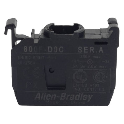 Used Allen Bradley 800F-D0C Pushbutton Lamp Module, 250VAC Max, 22mm, Latch-Mount