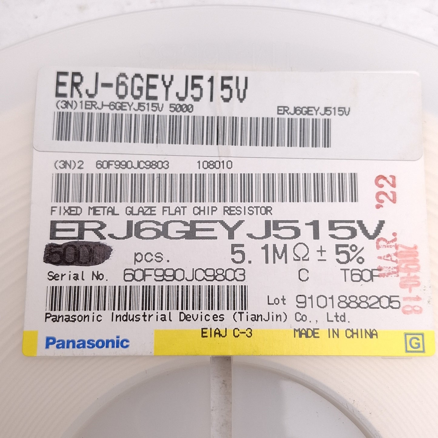 New Lot of 4500 Panasonic ERJ-6GEYJ515V General Purpose Chip Resistor, 5.1MΩ, 1/8W