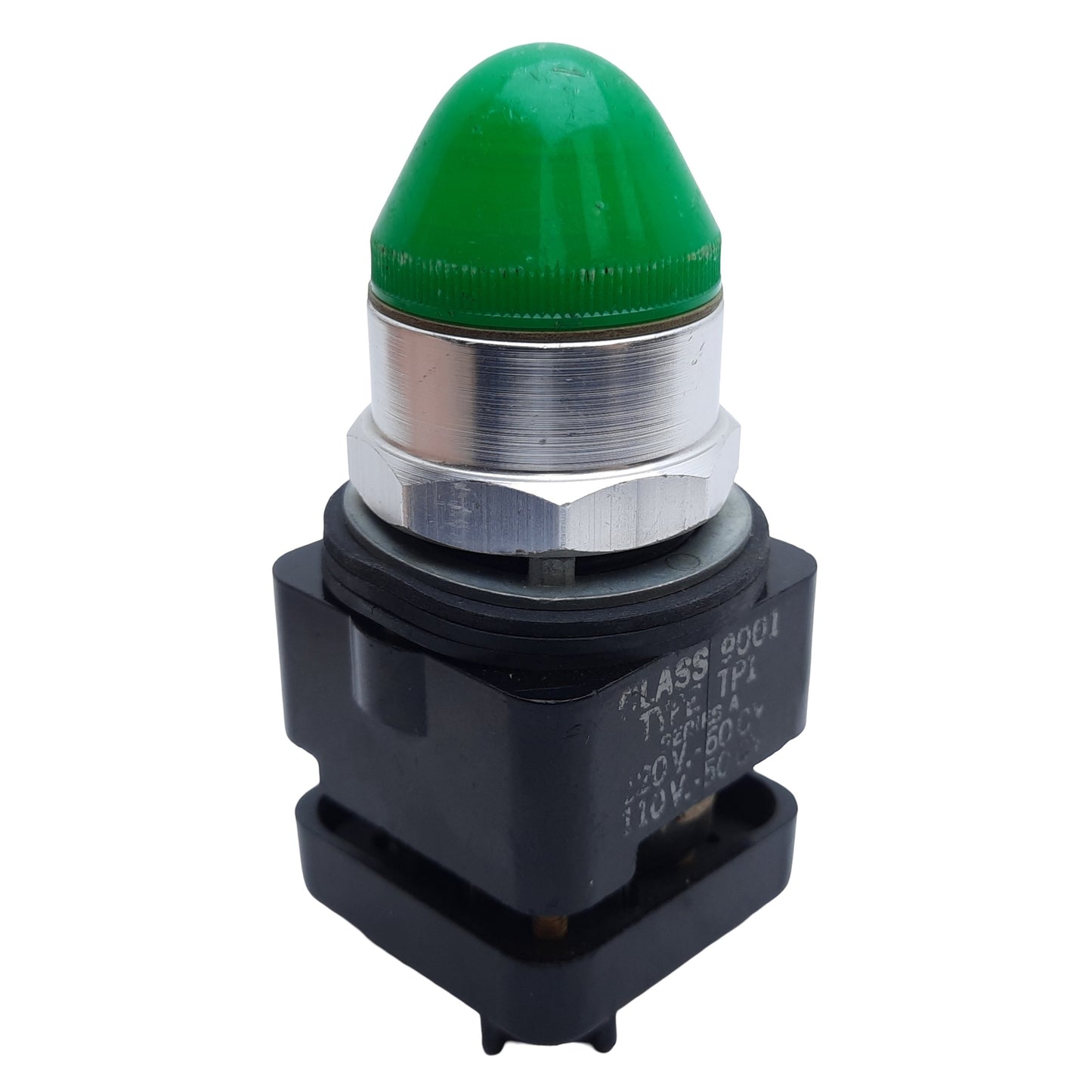 Used Square D 9001TP1 Pilot Light, Green Dome, ø30mm, 50/60Hz, 110-120VAC *No Bulb*