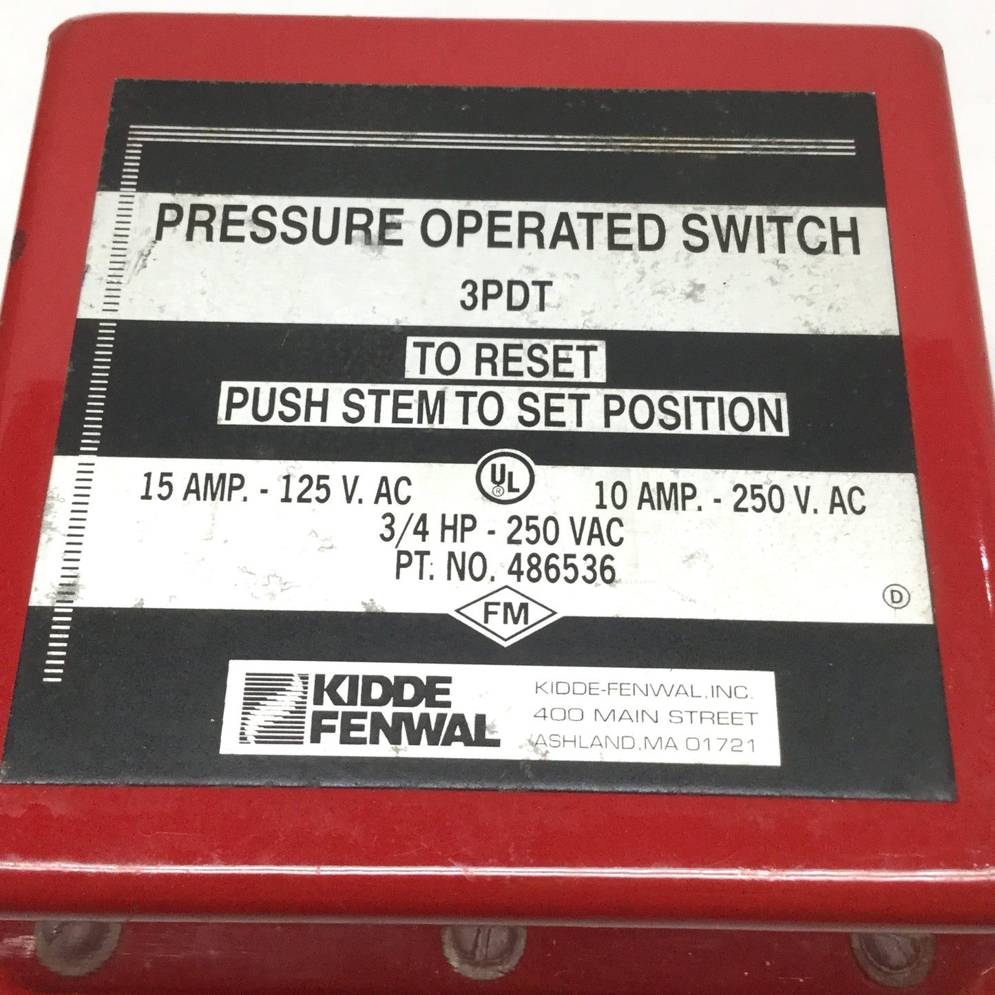 Used Kidde Fenwal 81-486536-000 Pressure Operated Switch 3/4HP 125/250VAC 15A/10A