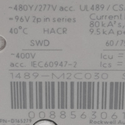 Used Allen Bradley 1489-M2C030 Circuit Breaker 2-Pole, 3A 480Y/277VAC 96VDC, DIN Rail