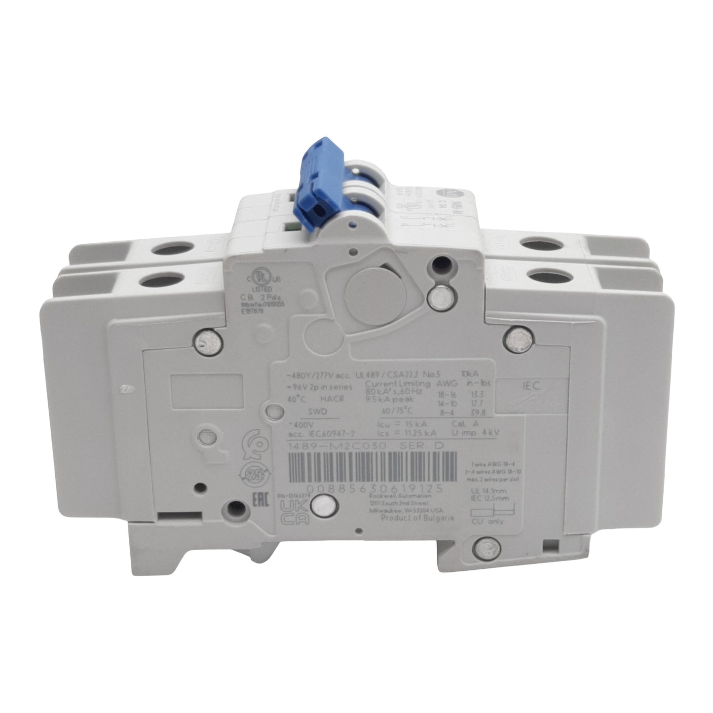 Used Allen Bradley 1489-M2C030 Circuit Breaker 2-Pole, 3A 480Y/277VAC 96VDC, DIN Rail