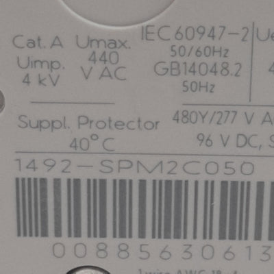 Used Allen Bradley 1492-SPM2C050 Circuit Breaker, 2-Pole, 5A 480Y/277VAC 96VDC