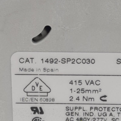 Used Allen Bradley 1492-SP2C030 Circuit Breaker, 2-Pole, 3A 415VAC, DIN Rail