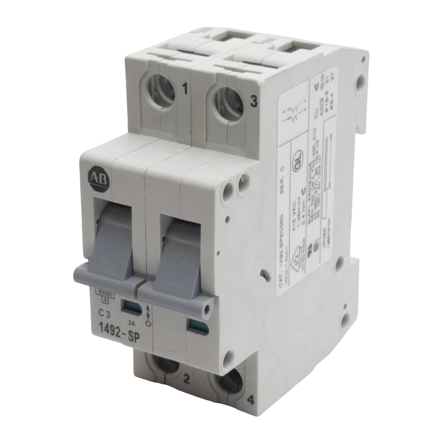 Used Allen Bradley 1492-SP2C030 Circuit Breaker, 2-Pole, 3A 415VAC, DIN Rail