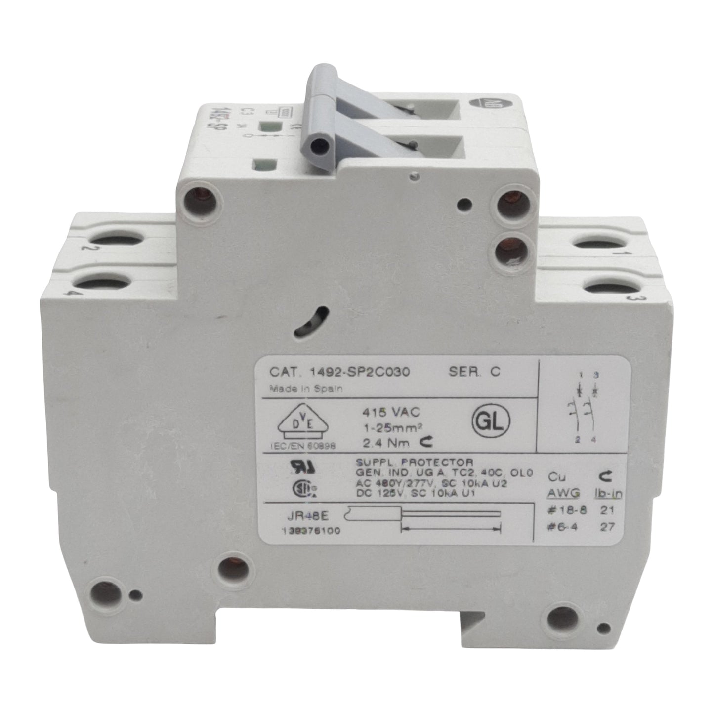 Used Allen Bradley 1492-SP2C030 Circuit Breaker, 2-Pole, 3A 415VAC, DIN Rail