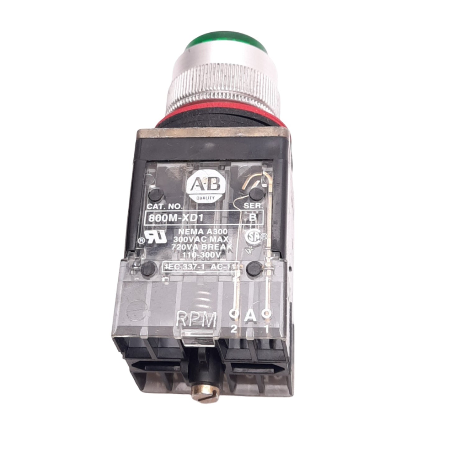 Used Allen Bradley 800MR-QB24G Green Illuminated Pushbutton, 22mm, 2NO 1NC, 300V Max