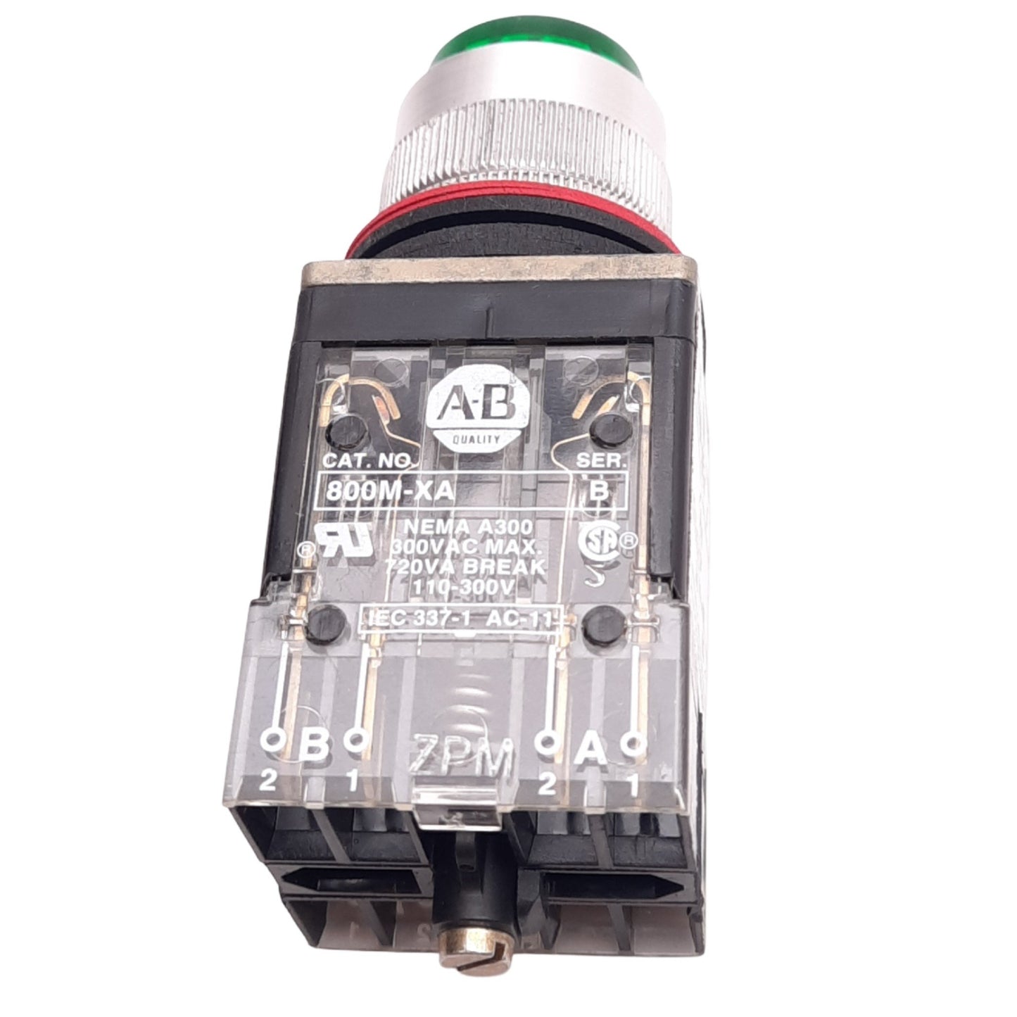 Used Allen Bradley 800MR-QB24G Green Illuminated Pushbutton, 22mm, 2NO 1NC, 300V Max