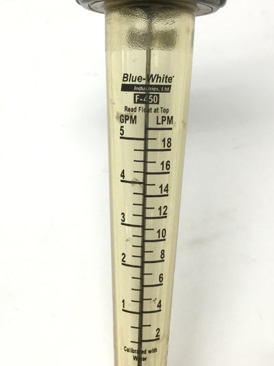 Used Blue-White F-45500L-8 Inline Flow Meter, 0-5GPM / 0-20LPM, 1/2" NPT, 8-7/8" Long