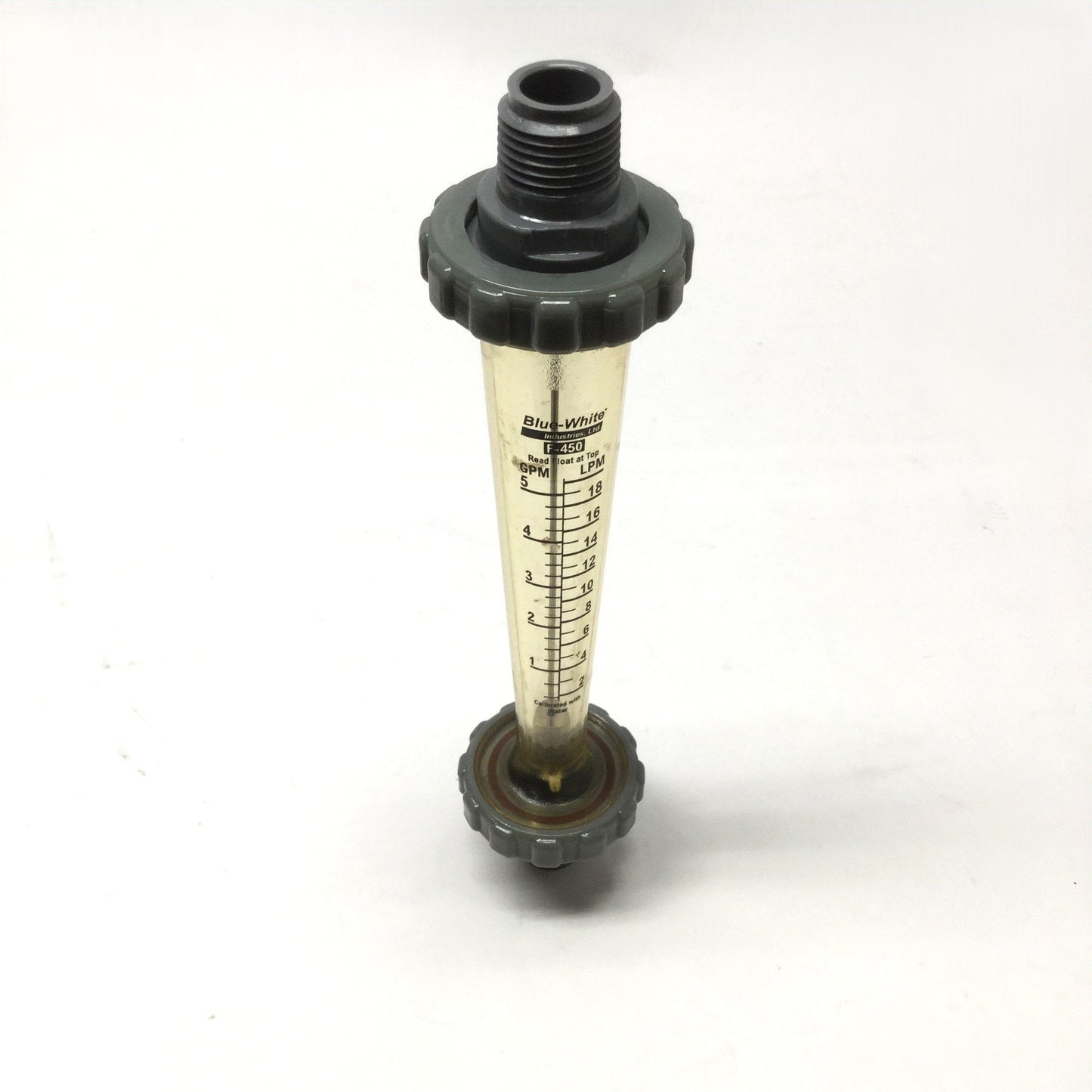 Used Blue-White F-45500L-8 Inline Flow Meter, 0-5GPM / 0-20LPM, 1/2" NPT, 8-7/8" Long