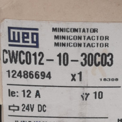 New Lot of 2 Weg CWC012-10-30C03 Mini Contactor, 3-Pole 3NO, 12A 600VAC, 24VDC Coil