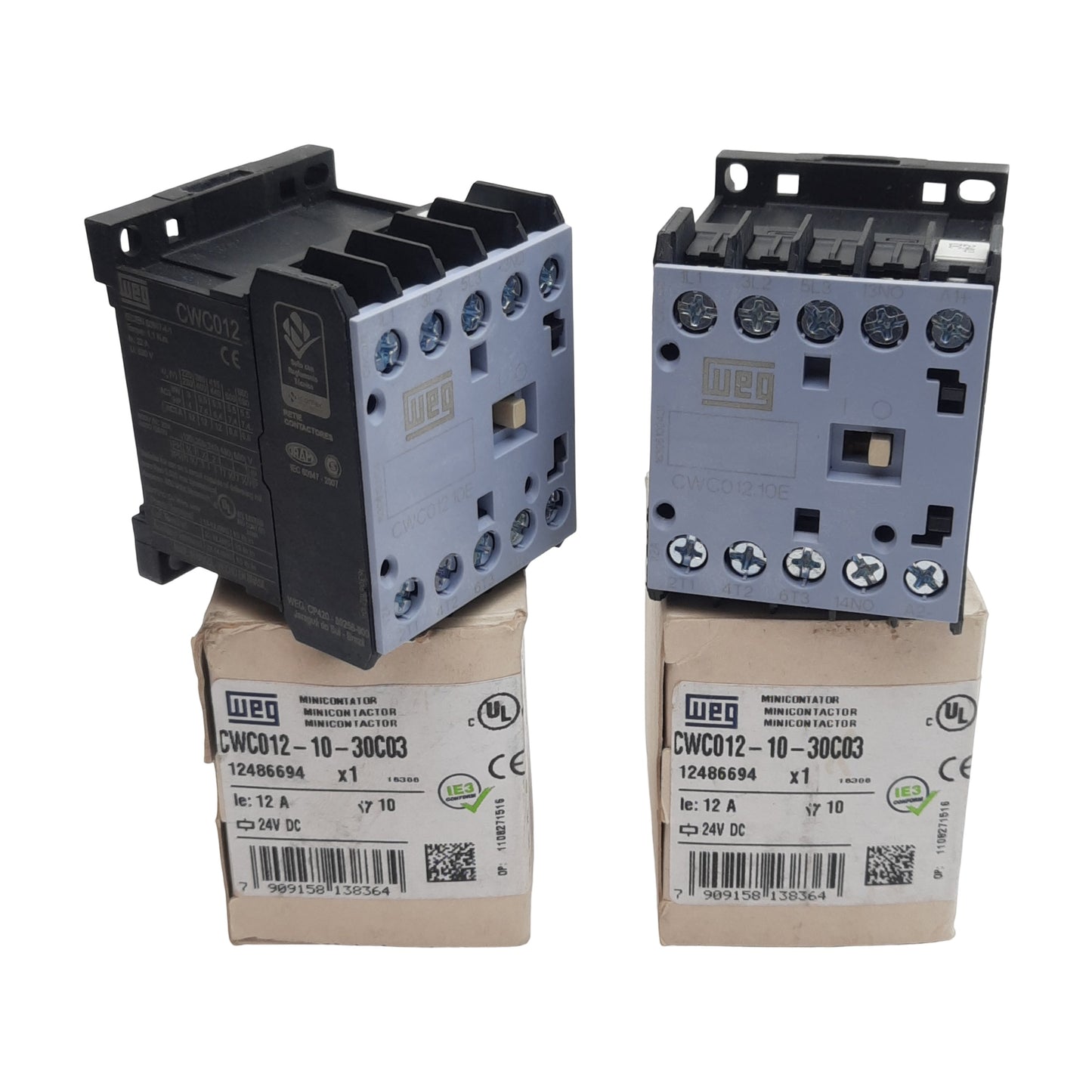 New Lot of 2 Weg CWC012-10-30C03 Mini Contactor, 3-Pole 3NO, 12A 600VAC, 24VDC Coil