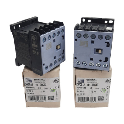 New Lot of 2 Weg CWC012-10-30C03 Mini Contactor, 3-Pole 3NO, 12A 600VAC, 24VDC Coil