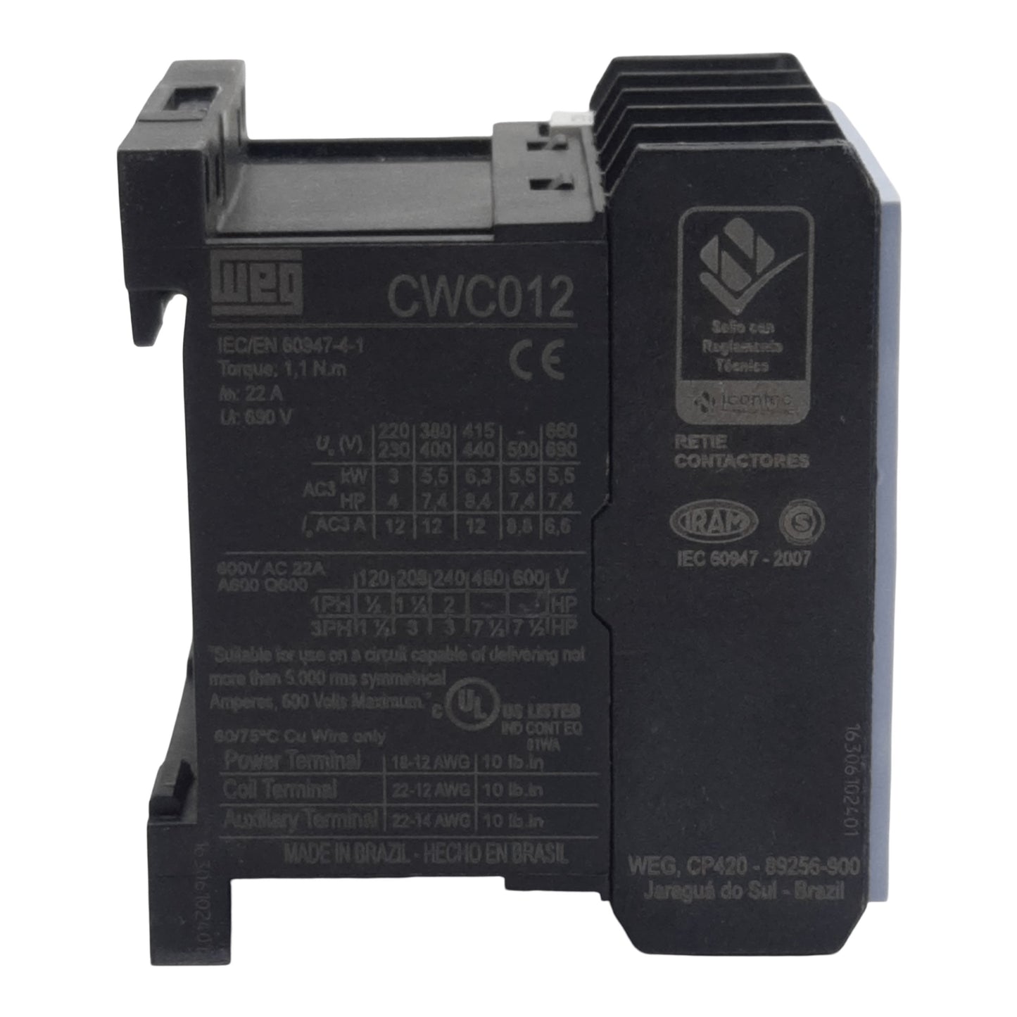 New Lot of 2 Weg CWC012-10-30C03 Mini Contactor, 3-Pole 3NO, 12A 600VAC, 24VDC Coil