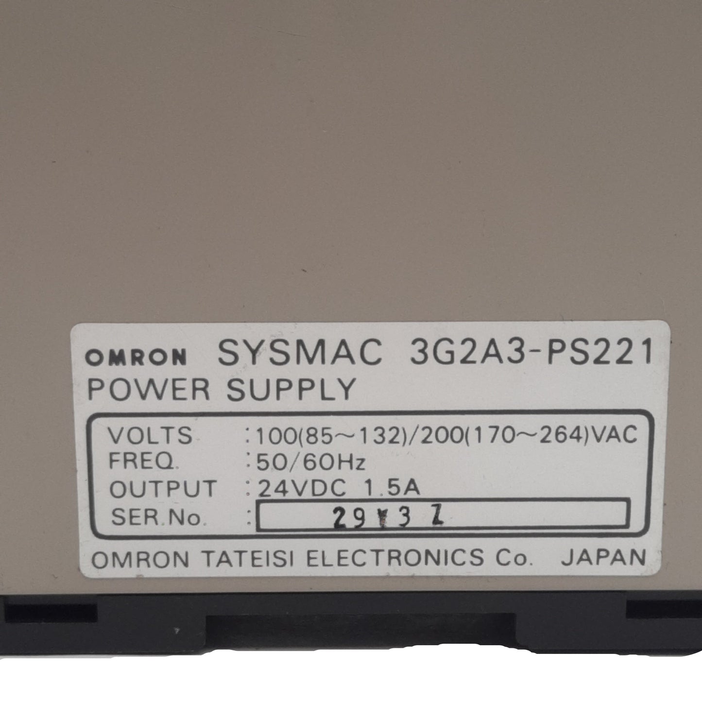 Used Omron 3G2A3-PS221 Sysmac Power Supply, 100/200VAC In, 1.5A 24VDC Out, DIN Rail