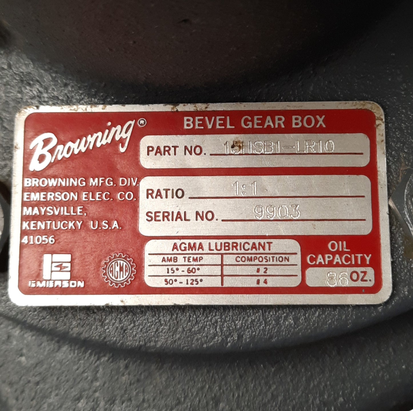 Used Browning 15HSB1-LR10 Right Angle Gear Box, 1:1 Ratio, Spiral, 1750RPM Output