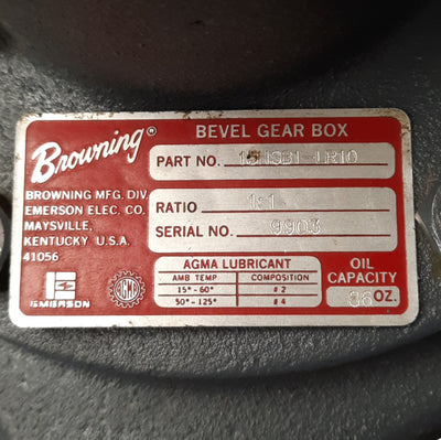 Used Browning 15HSB1-LR10 Right Angle Gear Box, 1:1 Ratio, Spiral, 1750RPM Output