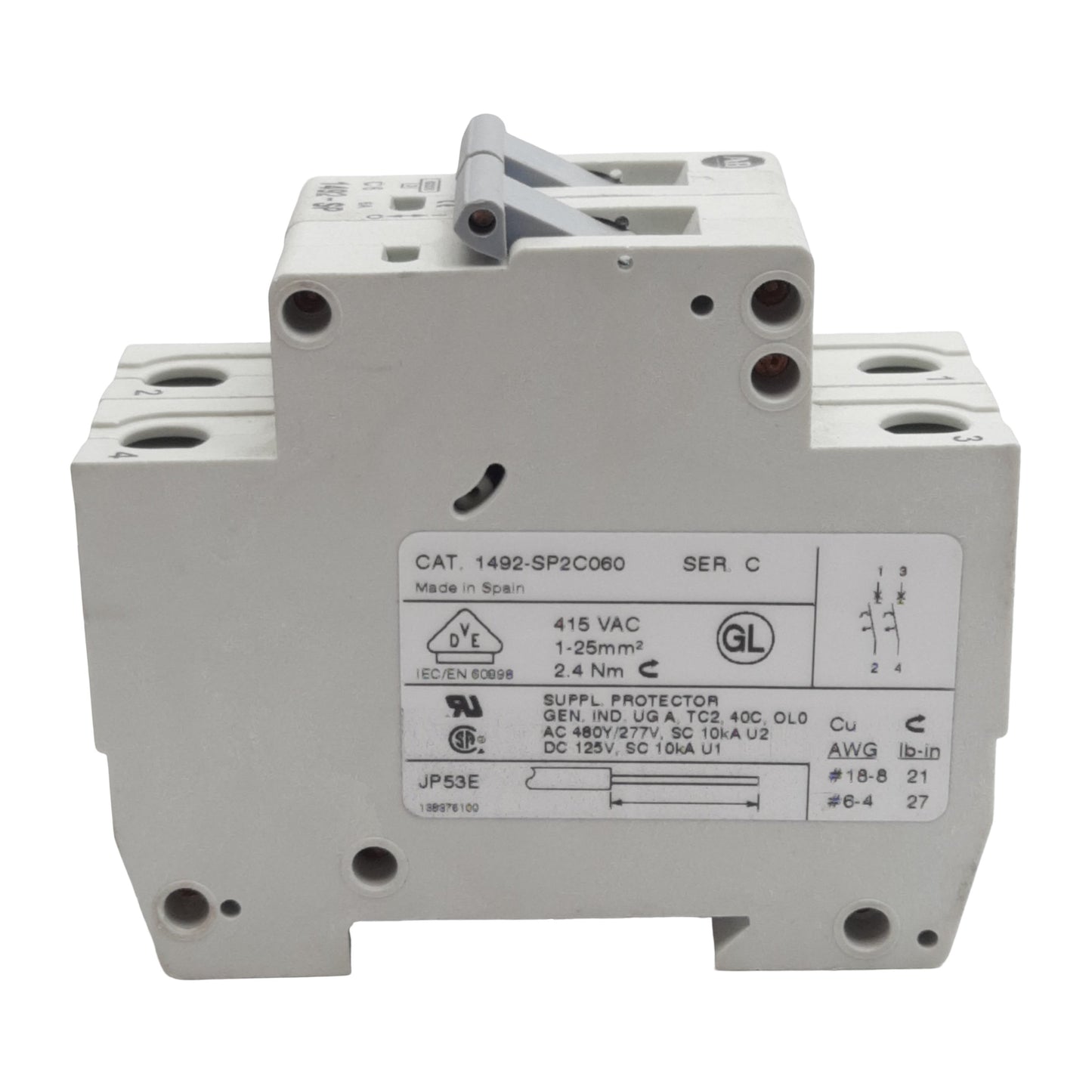 Used Allen Bradley 1492-SP2C060 Circuit Breaker, 2-Pole, 6A 415VAC, DIN Rail