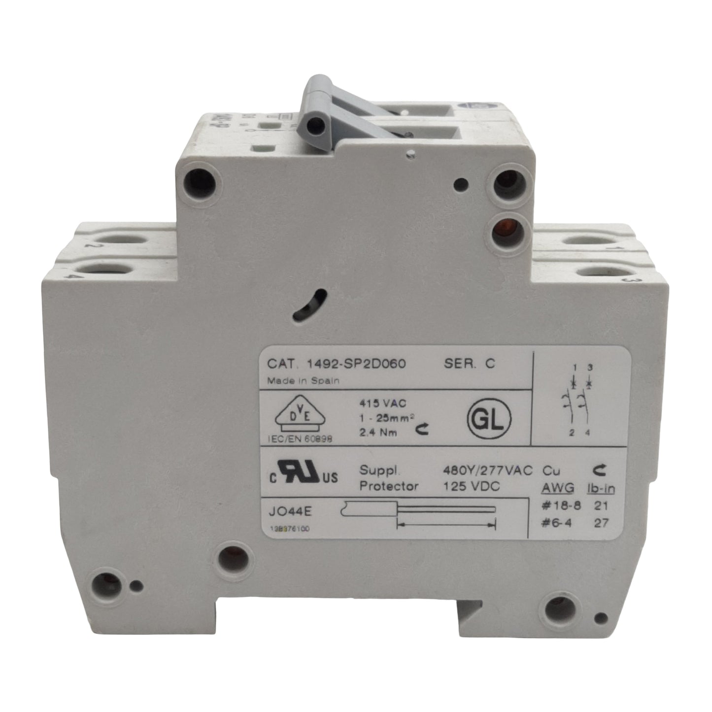 Used Allen Bradley 1492-SP2D060 Circuit Breaker, 2-Pole, 6A 415VAC, DIN Rail